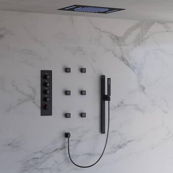 15-Spray 23 in. L x 15 in. W LED Flush Ceiling Mount Waterfall Fixed and Handheld Shower Head in Matte Black