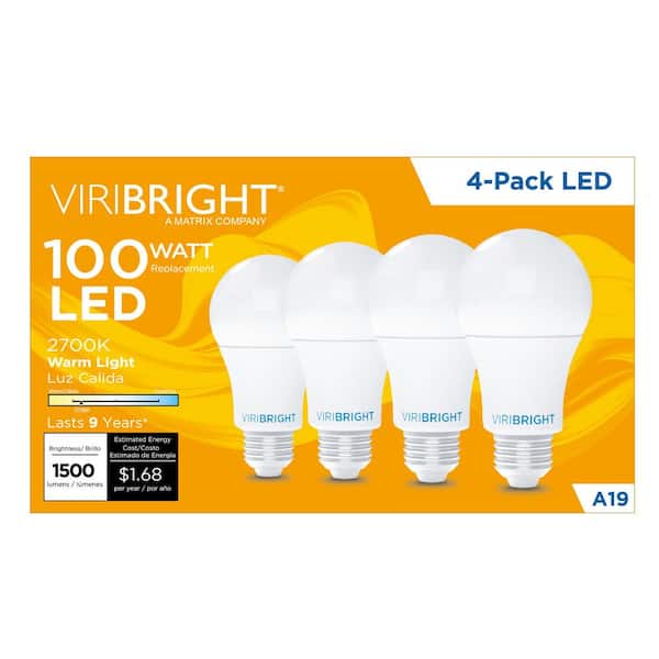 100-Watt Equivalent A19 E26 General Purpose Standard LED Light Bulb Warm White 2700K (4-Pack)