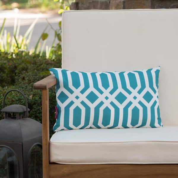 Noble House Manduka Dark Teal and White Arabesque Pattern Rectangle Outdoor Patio Throw Pillow
