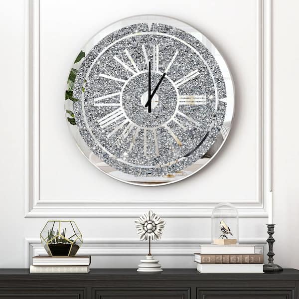 Modern Round Mirror Wall Clock-Roman Numerals with Crushed Diamond Inlays