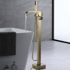 Single-Handle Floor-Mount Freestanding Bathroom Tub Faucets with Handheld Shower in Brushed Gold