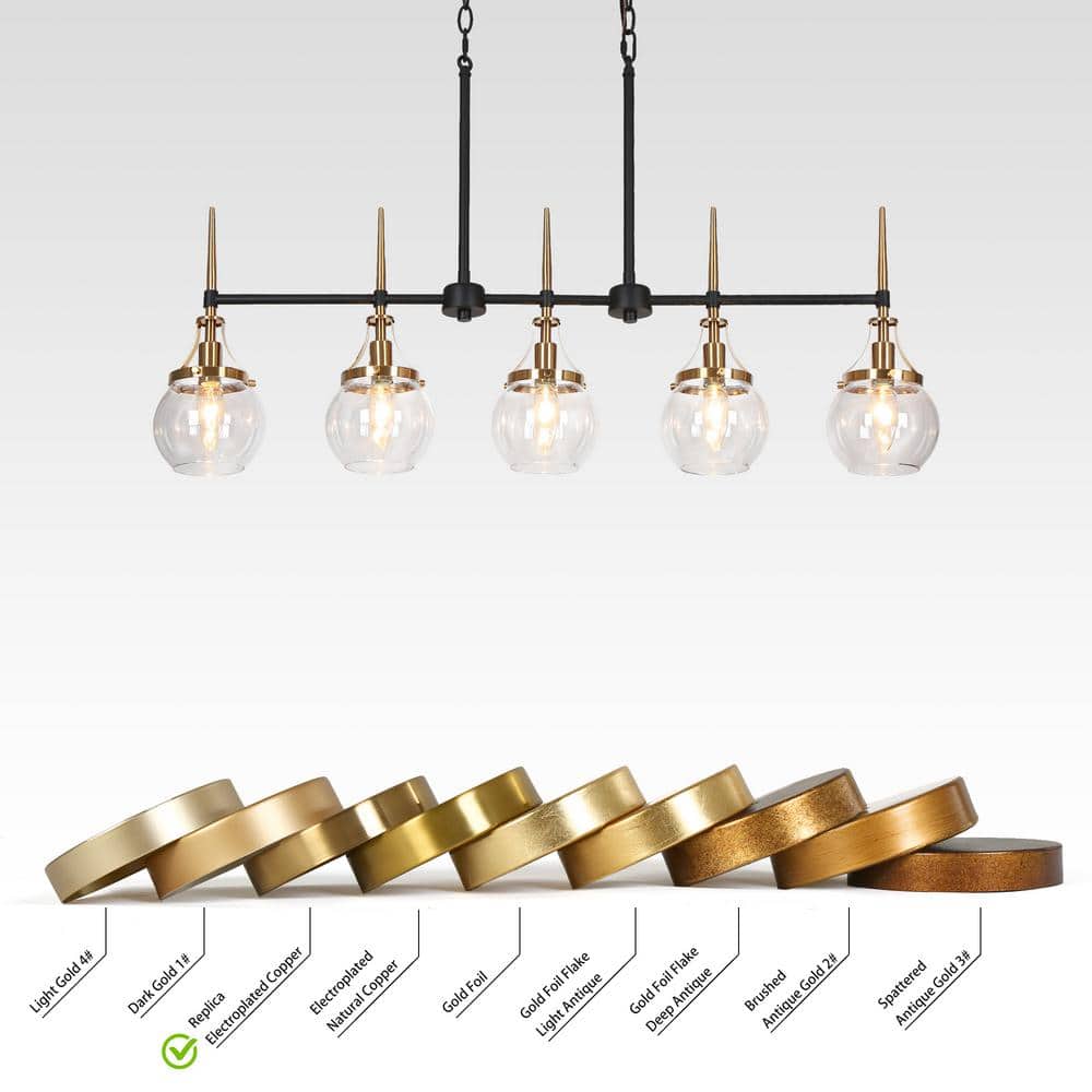 Black and Brass 5-Light Linear Chandelier with Glass Shades