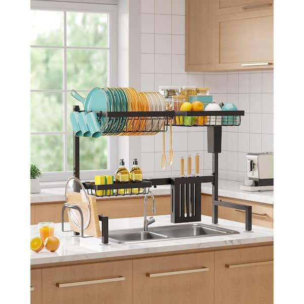 Black Adjustable Over Sink 2-Tier Large Capacity Stainless Steel Kitchen Dish Rack with Utensil Holders