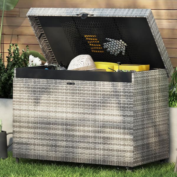 Unbranded 230 Gal. Gray All-Weather Rattan Outdoor Storage Bench Deck Box with Lockable Wheels