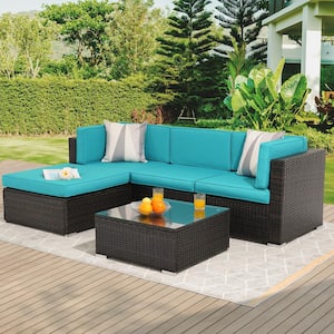 5-Piece Brown Rattan Wicker Outdoor Patio Sectional Sofa Set With Thick Lake Blue Cushions and Tempered Glass Table