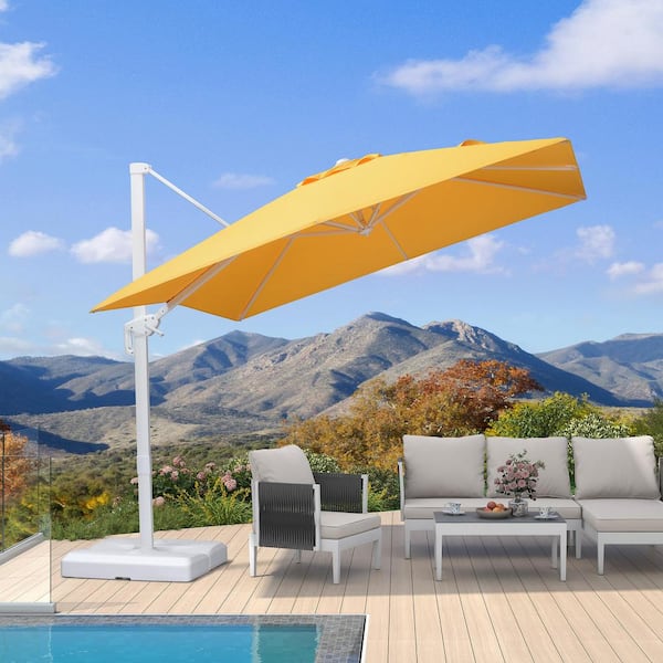 PURPLE LEAF 9 ft. Square Outdoor Patio Cantilever Umbrella White Aluminum Offset 360° Rotation Umbrella in Yellow