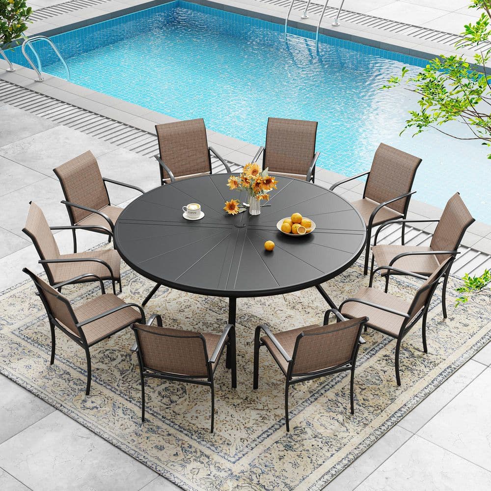 11-Piece Patio Dining Set with 59.8 in. Black Aluminum Round Table and 10-Brown Stackable Dining Chairs for Outdoor Use