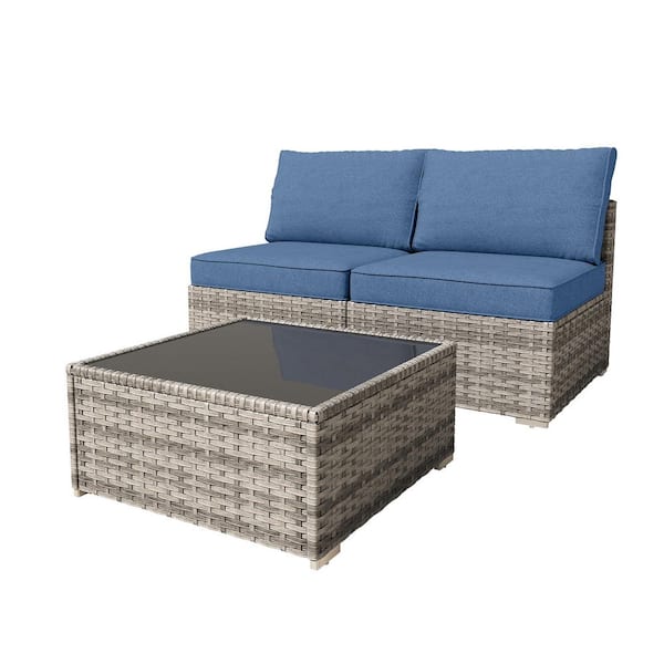 Charm 3 Pieces Wicker Outdoor Patio Conversation Seating Middle Sofa Set with Denim Blue Cushions and Coffee Table