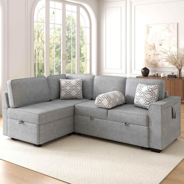 83.9 in. Square Arm Chenille Sectional Sofa with Pull-Out Sleepers, Flip-Top Table, USB Ports, Cup Holder in. Light Gray
