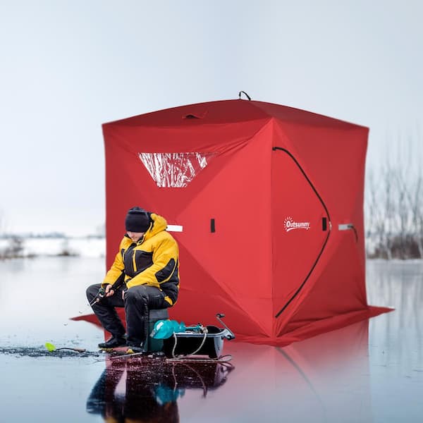 Outsunny 2-4 People Ice Fishing Shelter, Pop-Up Portable Ice Fishing Tent, Red