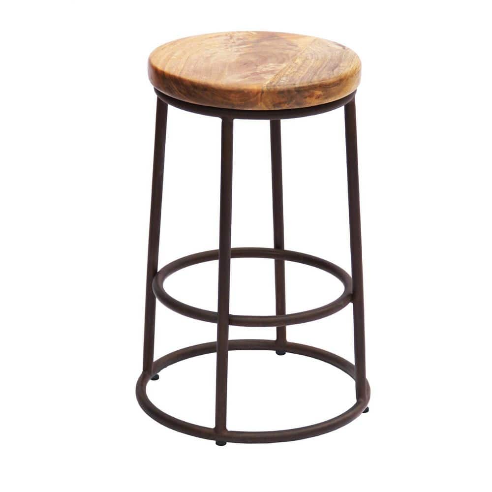 Circular Mango Wood and Iron 24'' Counter Stool in Brown and Black