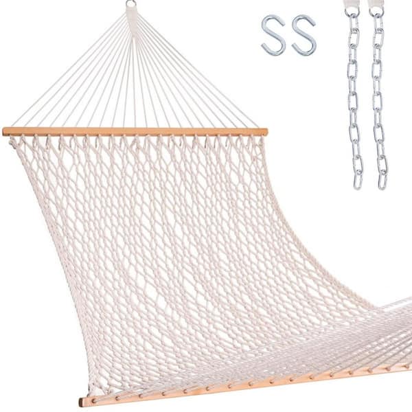 Angel Sar 12 ft. 2-Person Hand Woven Cotton Double Rope Hammock with Spreader Bar in Natural for Outdoor and Indoor