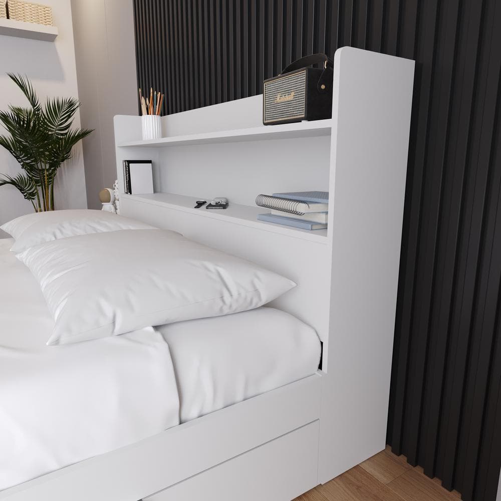 White Queen Wood Bookcase Headboard with Storage