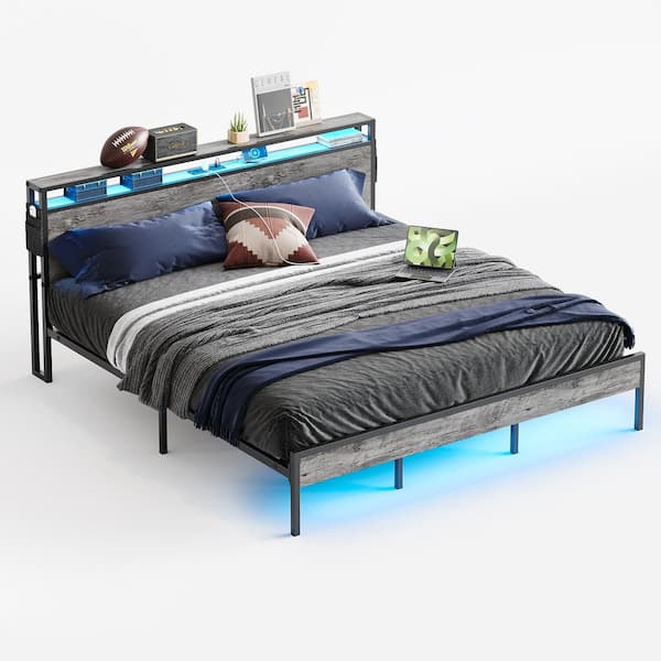 Bestier Grey Metal Frame King Size Platform Bed with Charge Station and Storage Headboard, LED Lights B700793B-WGRW - The Home Depot Bestier Grey Metal Frame King Size Platform Bed with Charge Station and Storage Headboard, LED Lights B700793B-WGRW - The Home Depot