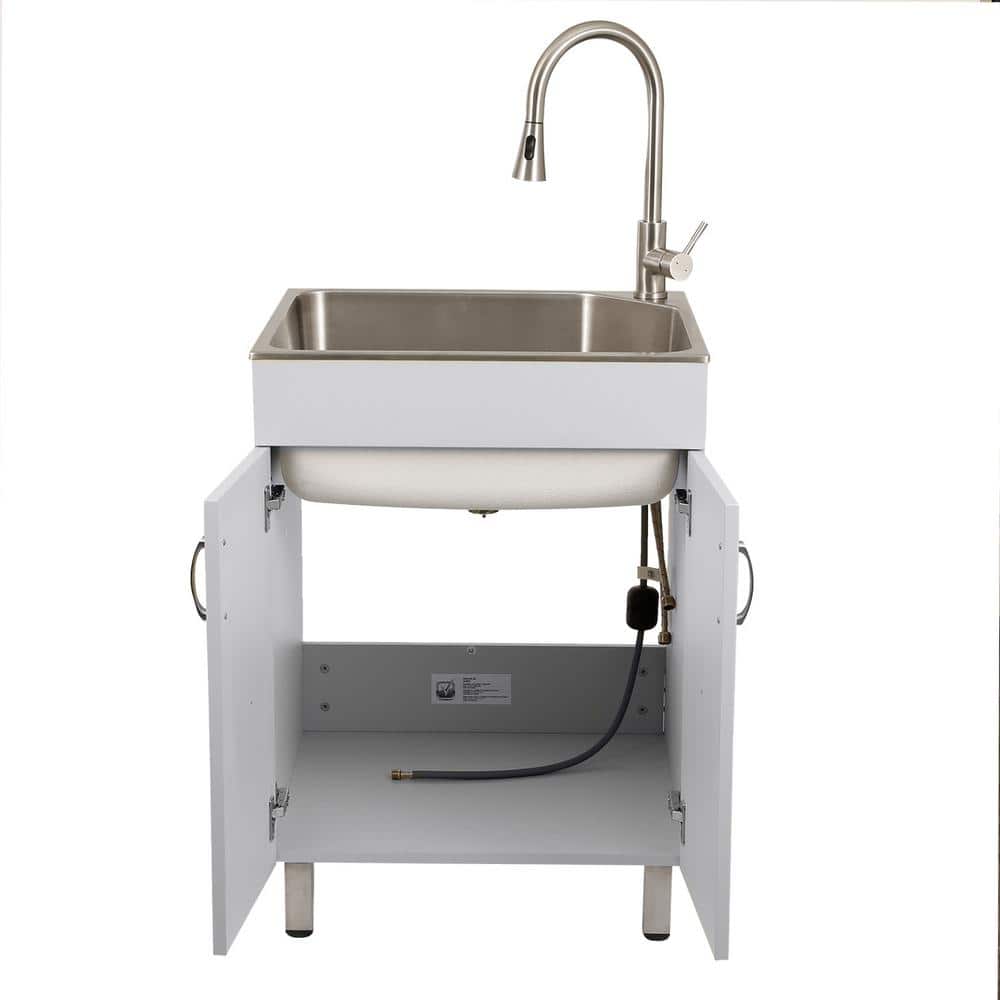 Stainless Steel Utility Sink with White Storage Cabinet