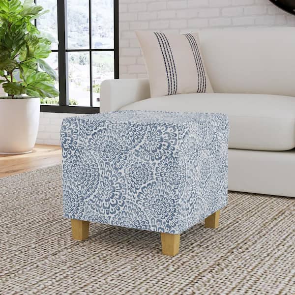 Homepop Blue and Cream Modern Floral Woven Polyester Square Storage Ottoman with Lift-Off Lid