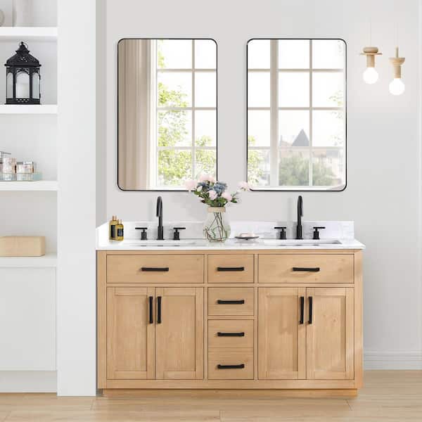 Altair Gavino 60 in. W x 22 in. D x 34 in. H Double Sink Bath Vanity in Light Brown with White Composite Stone Top and Mirror