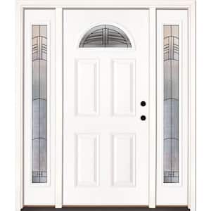 63.5 in. x 81.625 in. Rochester Patina Fan Lite Unfinished Smooth Left-Hand Fiberglass Prehung Front Door with Sidelites