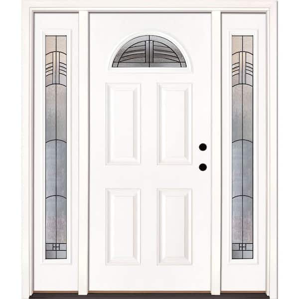 Feather River Doors 63.5 in. x 81.625 in. Rochester Patina Fan Lite Unfinished Smooth Left-Hand Fiberglass Prehung Front Door with Sidelites