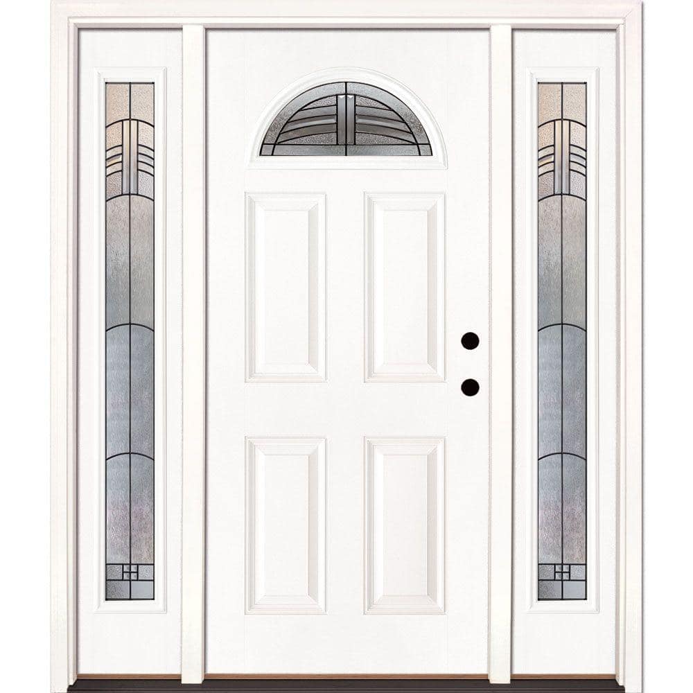 Feather River Doors 67.5 in. x 81.625 in. Rochester Patina Fan Lite Unfinished Smooth Left-Hand Fiberglass Prehung Front Door with Sidelites, Smooth White: Ready to Paint -  473190-3B4