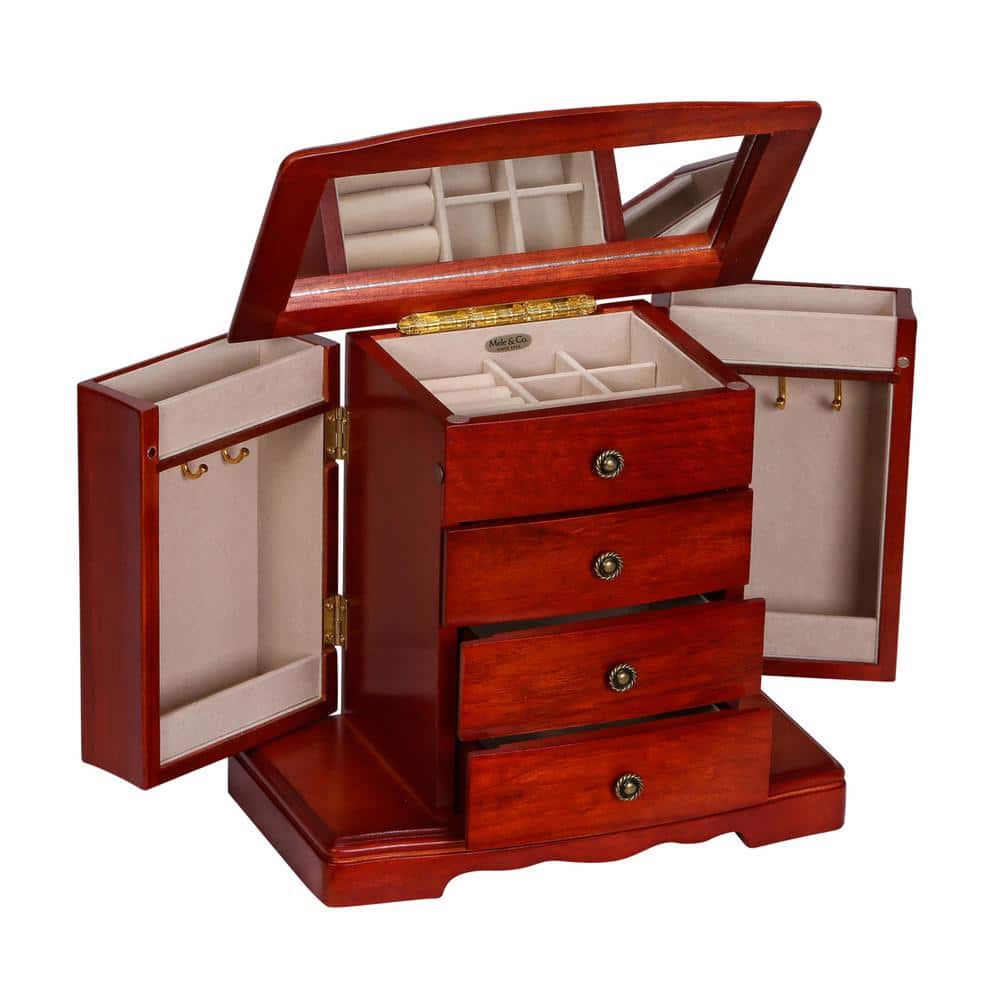Cherry Finish Wooden Musical Jewelry Box with 3 Drawers