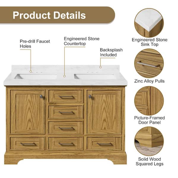 48 in. W x 33.5 in. H Double Sinks Freestanding Walnut Bath Vanity with White Carrara Engineered Quartz Top (Assembled)