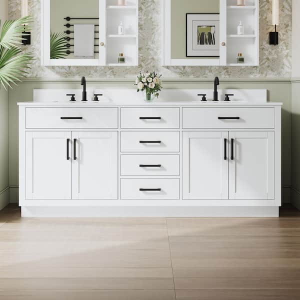 NORA 80 in. Freestanding White Solid Wood Bath Vanity with Pure White Cultured Marble Top, Soft-Close, Assembled