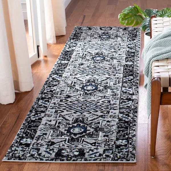 Vintage Hamadan Light Gray/Dark Gray 2 ft. x 10 ft. Floral Border Runner Rug