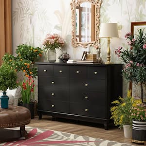 Black 10-Drawers Wood Double Chest of Drawer 55.1 in. W x 15.7 in. D x 35.4 in. H Dresser Organizer