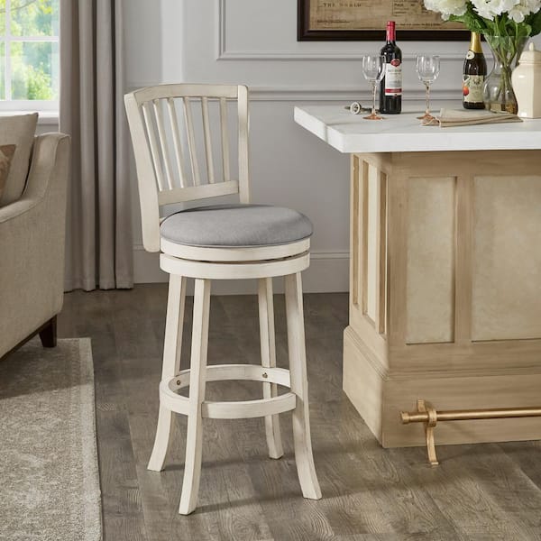 HomeSullivan 29.96 in. Antique White Finish Wood Frame Grey Linen Slat Back Swivel Bar Height Chair