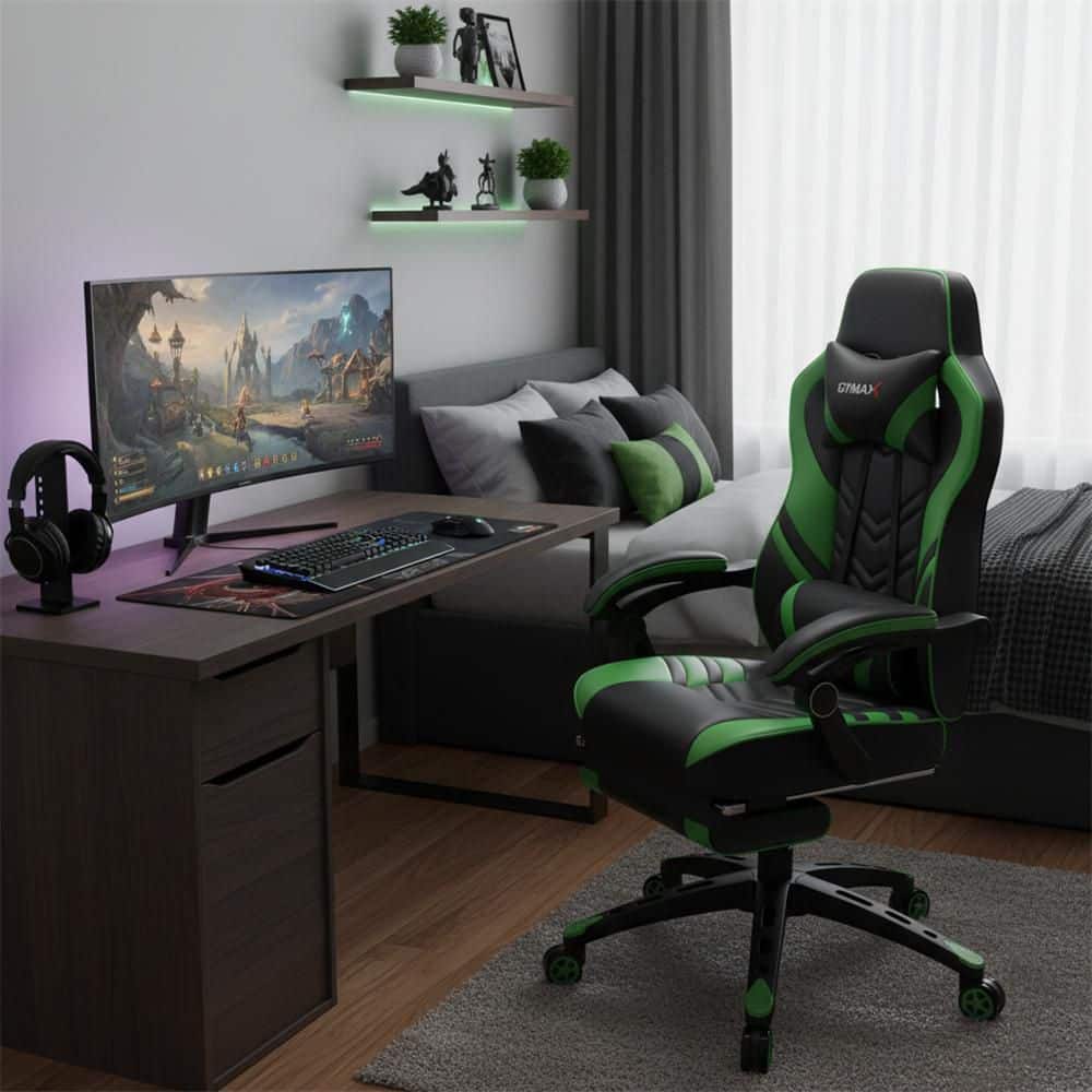 Faux Leather Ergonomic Gaming Chair, Reclining Computer Chair with Adjustable Height Retractable Footrest in Green