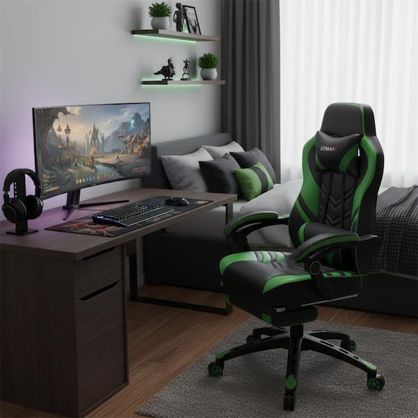 Faux Leather Ergonomic Gaming Chair, Reclining Computer Chair with Adjustable Height Retractable Footrest in Green