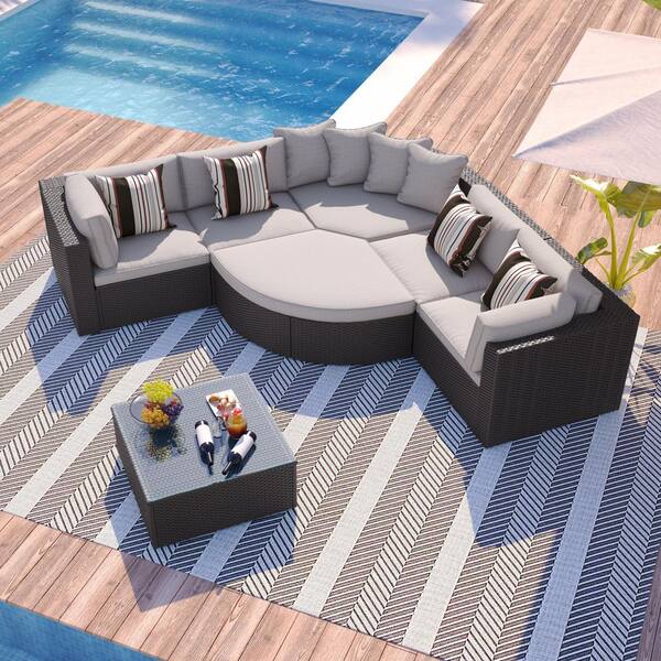 Sudzendf 7-Piece Brown Wicker Outdoor Sofa Sectional Set with Gray Cushions and Colorful Pillows