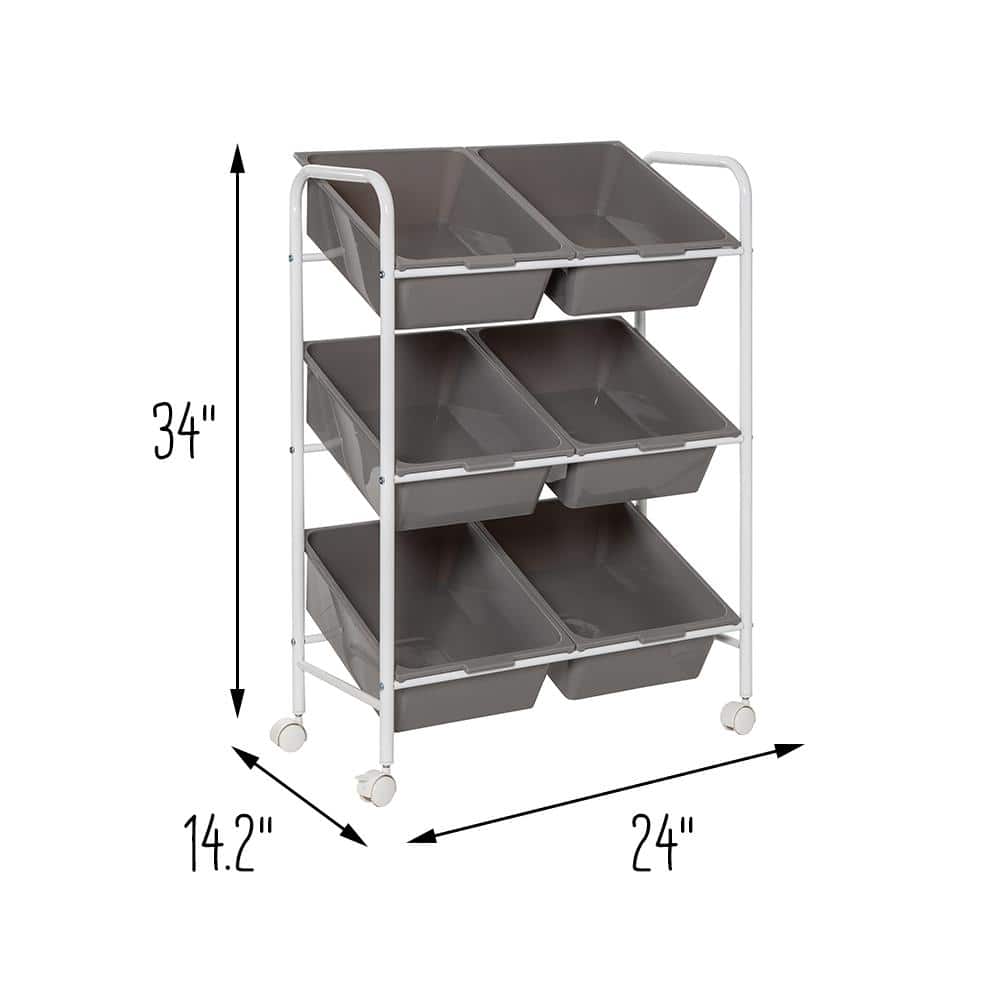 Gray and White 6-Bin Rolling Storage Cart