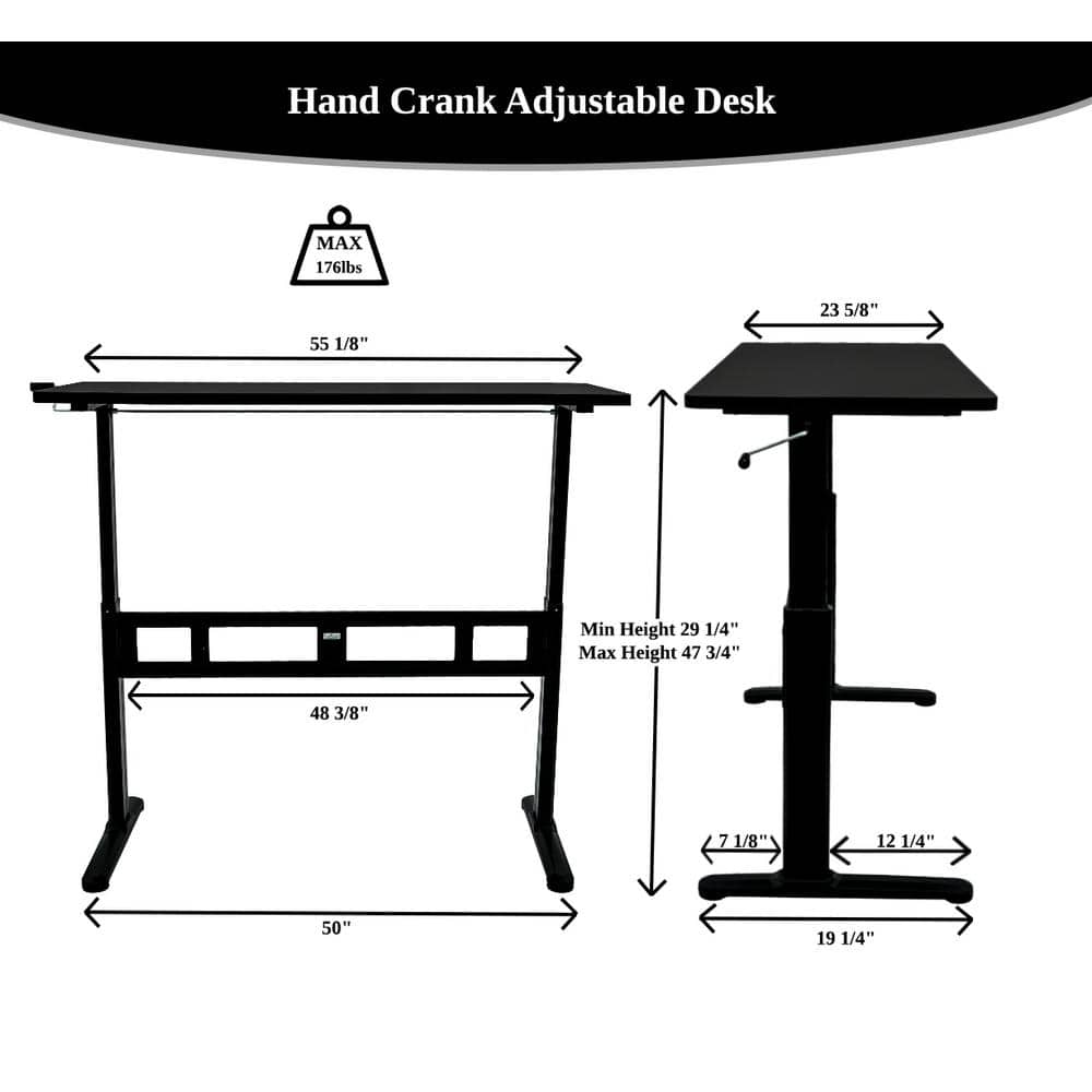 Diagram showing the dimensions of the black Ergomax standing desk.