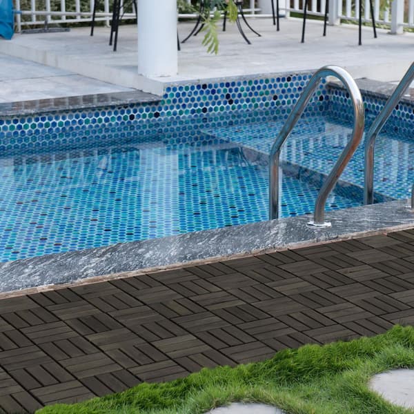 1 ft. x 1 ft. Outdoor Checker Pattern Square Wood Interlocking Flooring Deck Tiles in Dark Brown (Pack of 10 Tiles)