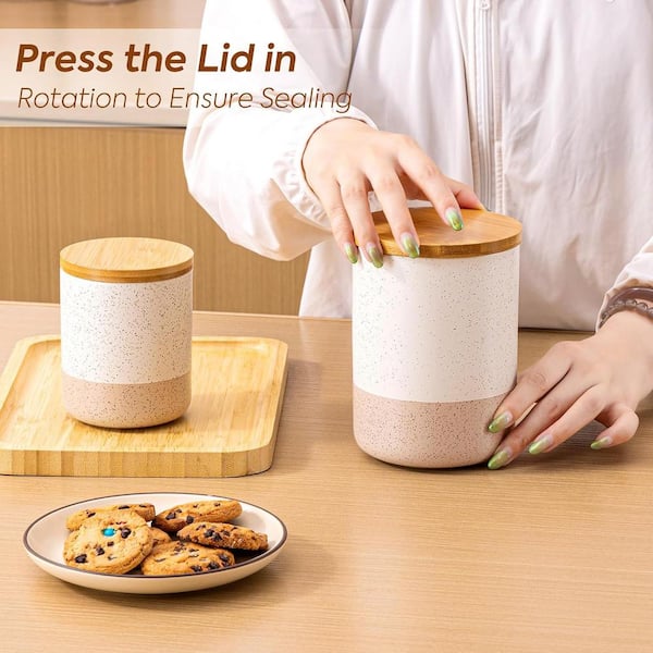 Anqtovp Set of Ceramic Canisters Storage Jar with Airtight Wood