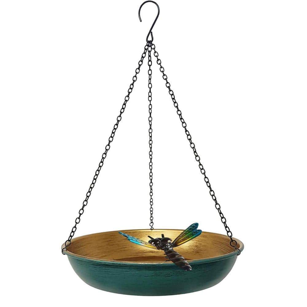 Outdoor Hanging Birdbath and Feeder: 11 in. Cute Metal Bowl (Green/Bronze) with Detachable Chain and Dragonfly price history on PriceWatchPro