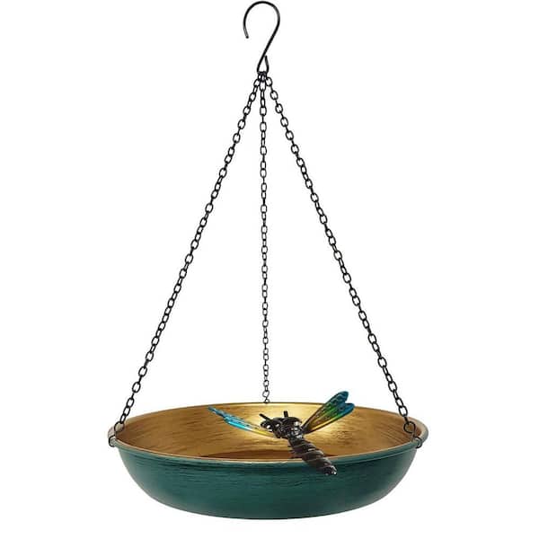 Outdoor Hanging Birdbath and Feeder: 11 in. Cute Metal Bowl (Green/Bronze) with Detachable Chain and Dragonfly