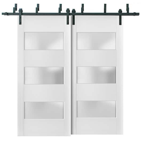 Sartodoors 64 in. x 80 in. 2 Panel Frosted Glass White Solid Wood Sliding Barn Door with Hardware Kit