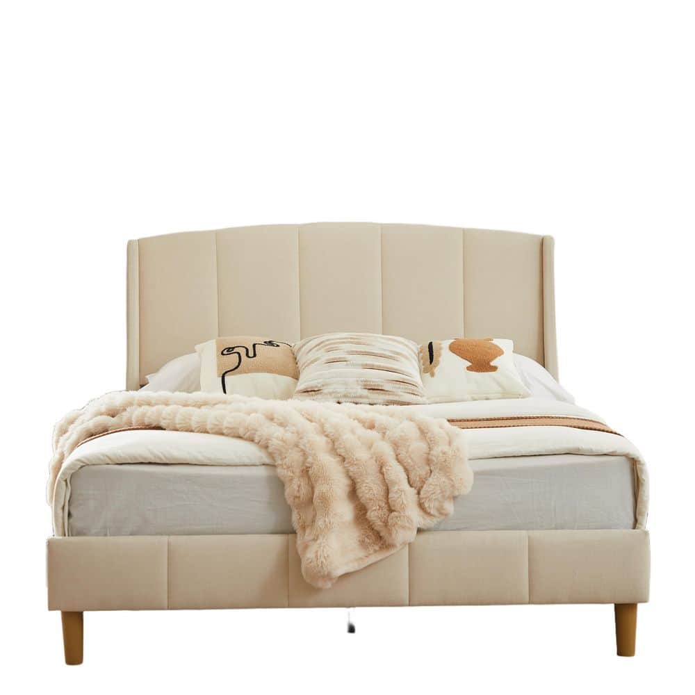 White Plywood Frame Full Size Upholstered Platform Bed with Headboard & Wooden Slats price history on PriceWatchPro