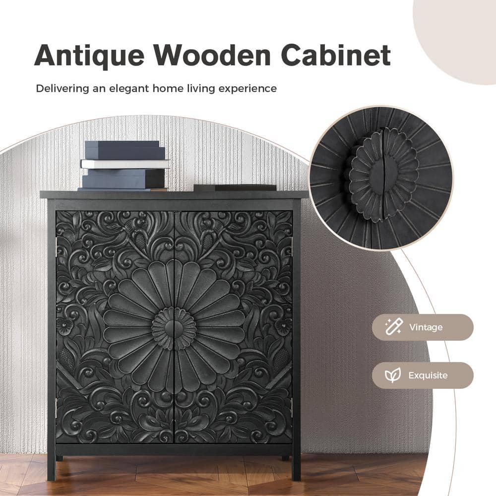 Black Carved Floral Pattern 2-Door Accent Cabinet