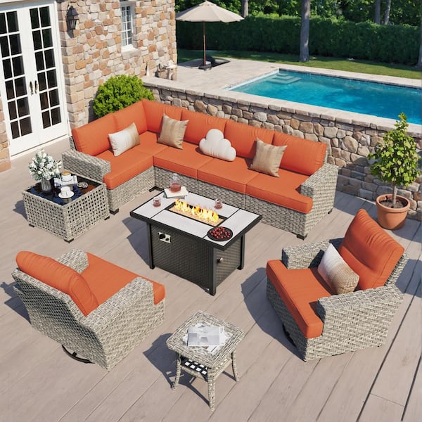 Toject Torino 10-Piece Wicker Outdoor Patio Conversation Sofa Sectional Chairs Set with Metal Fire Pit and Orange Red Cushions