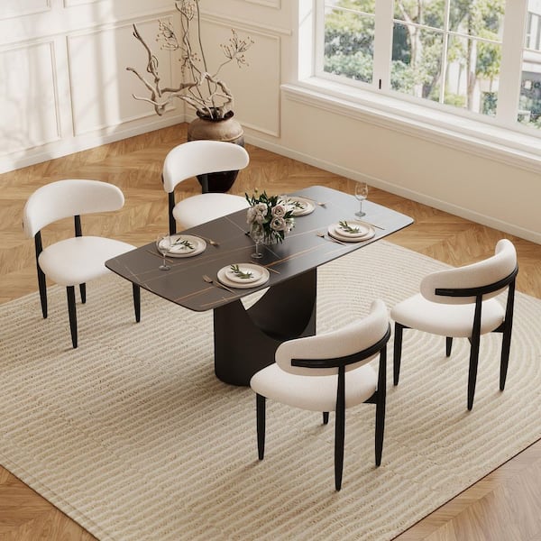 Magic Home 63 in. Black Round Edge Sintered Stone Tabletop with Pedestal Dining Table with Black Base (Seats 6)