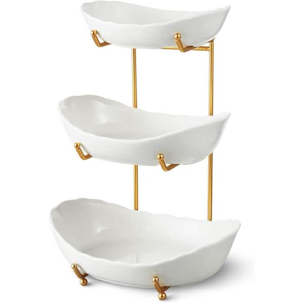 10.4 in. 42 fl. oz. Gold Ceramic Fruit Bowl Three Tier Countertop Stand for Snacks Dessert Nuts Cake (Set of 4) White