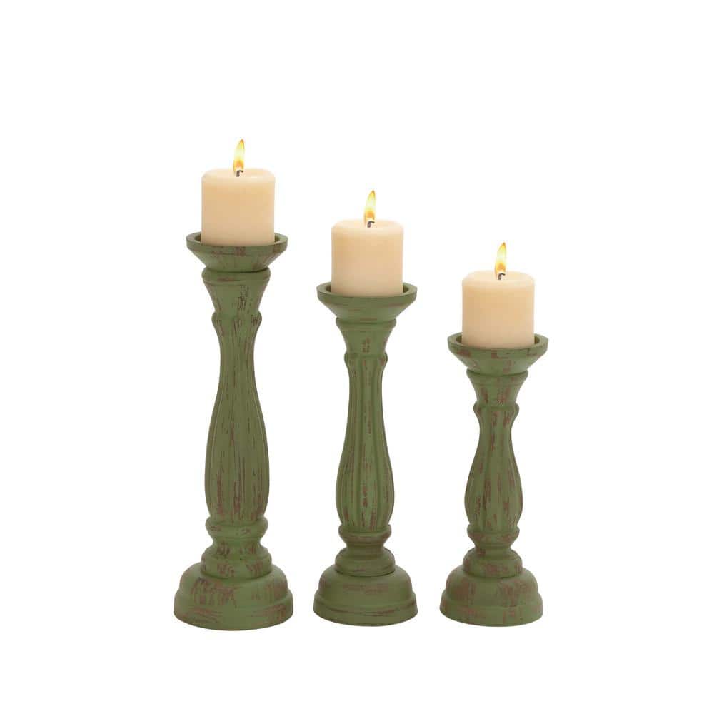 Elegant Green Wood Candle Lantern Trio 15" Height