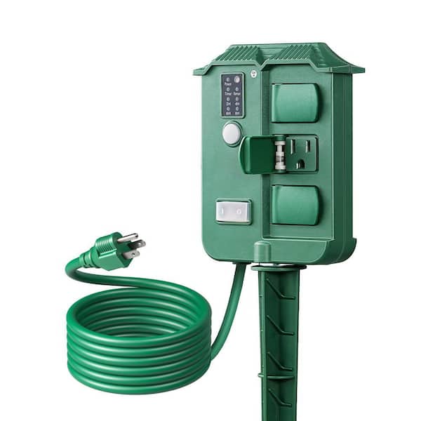 Outdoor Dusk to Dawn Power Stake Timer, Waterproof 6 Grounded Outlets, 6 ft. Cord, for Christmas Decoration Lights