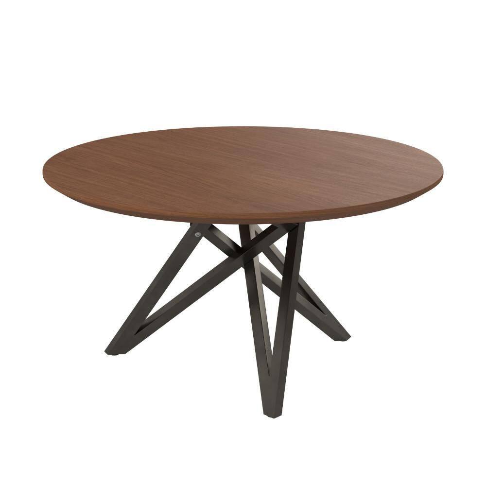 Kimya Round Walnut Wood Dining Table with Black Steel Legs