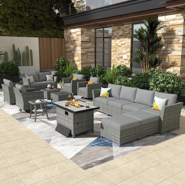 OVIOS Bexley Gray 16-Piece Wicker Rectangle Fire Pit Patio Conversation Set with Dark Gray Cushions and Swivel Chairs
