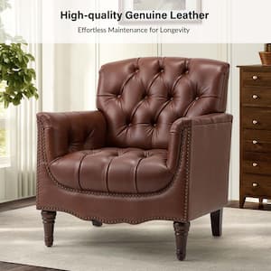 Elijah 32 in. Traditional Brown Button-Tufted Genuine Leather Arm Chair with Solid Wood Legs